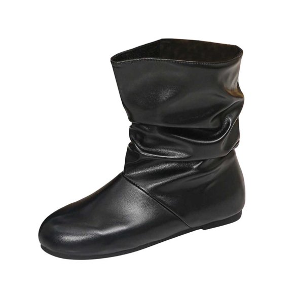 HAPIMO Women Mid Calf Boots Round Toe Flat Heel Slouchy Cuff Wrinkle Faux Leather Upper For City Stroll And Everyday Casual Outings Black 36