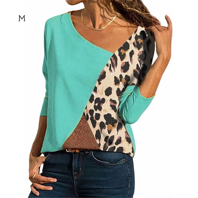 Camiseta de mujer manga larga cuello redondo top color block blusa casual, azul, m kenally AP001589-08