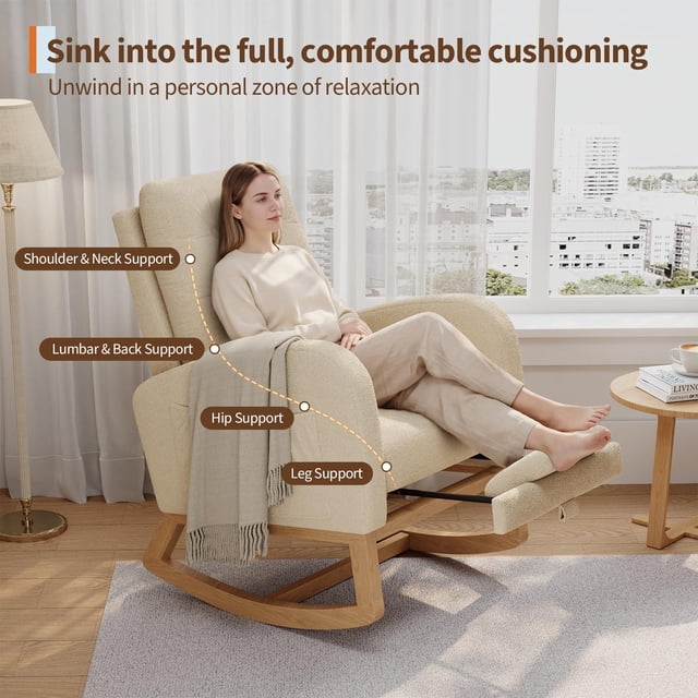 Modern Linen Upholstered Rocking Chair - Glider Chair with Side Pocket for Living Room Bedroom Nursery