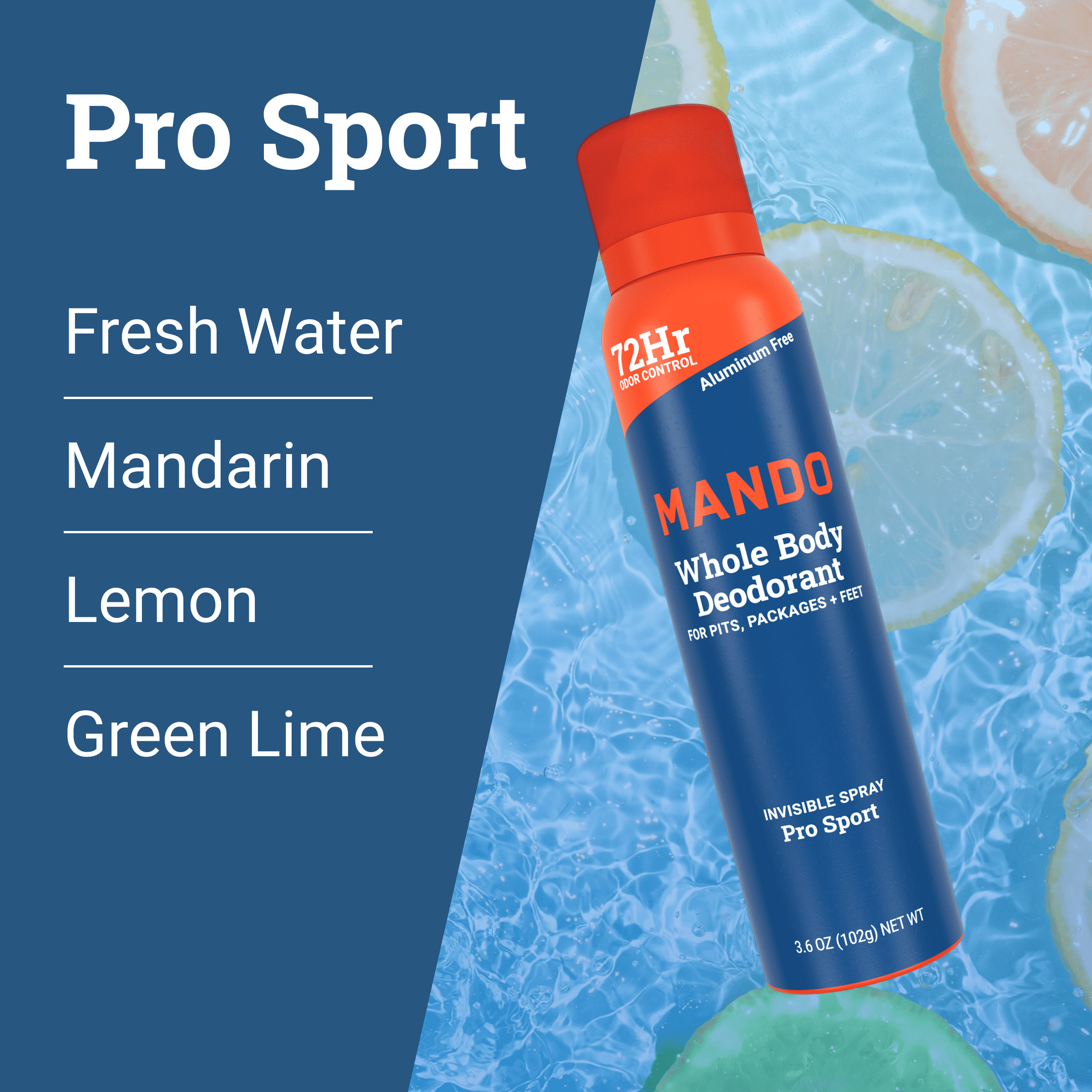 Mando Whole Body Deodorant Plus Sweat Control Deodorant Spray, Pro Sport, 3.6 oz