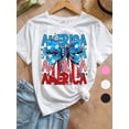thumbnail image 1 of Camiseta gráfica patriótica retro Americacoquette para niñas y jóvenes. Bonita camiseta de algodón con cuello redondo, estampado de letras americanas y lazo con estrellas y rayas. Manga corta holgada, 1 of 7