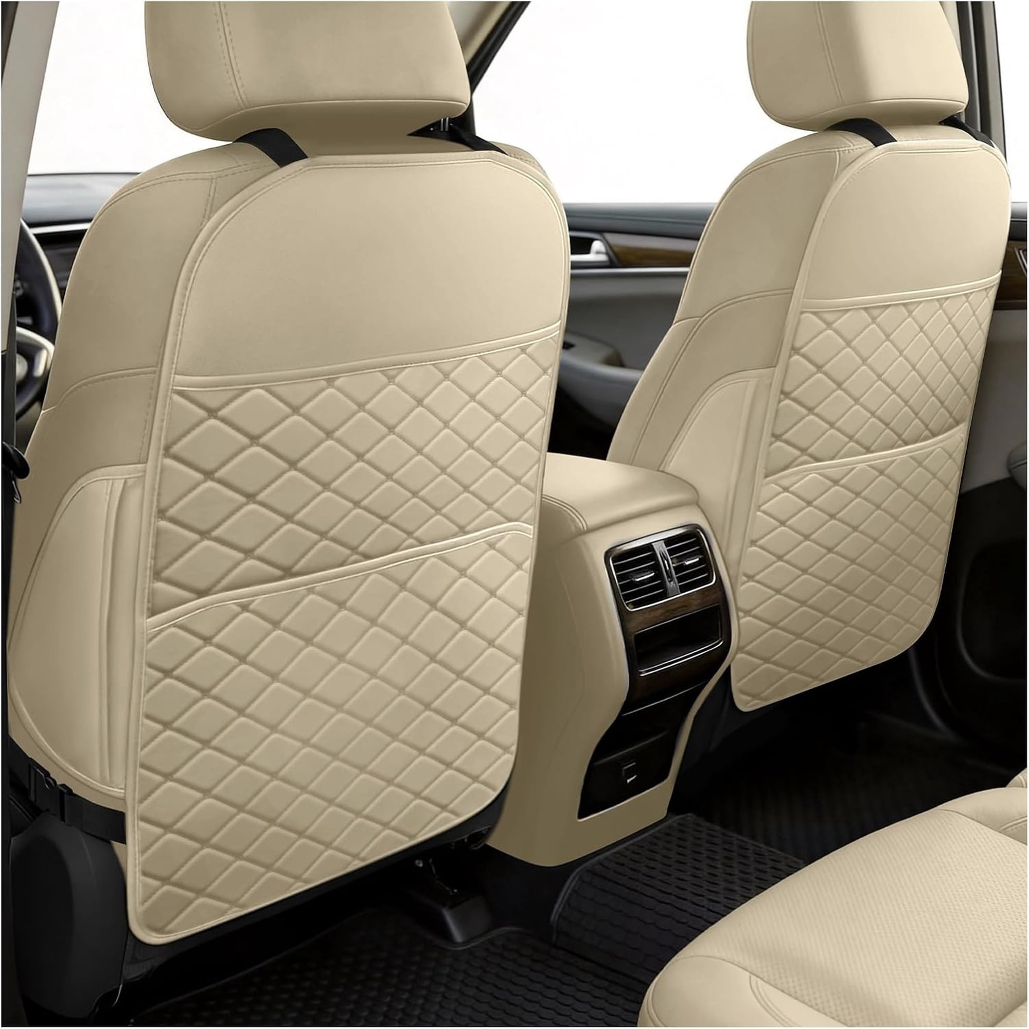 ZHZFKQ Seat Back Protectors for Kids, Car Kick Mats for Front Seats (Beige) | with Large Pocket Organizer, Waterproof, Protects Against Dirt, Scuffs &Amp; Scratches, Fits Most Vehicles, 2Pcs