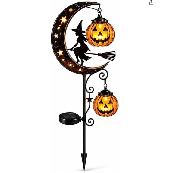 BingTong Solar Halloween White Ghost & Pumpkin Moon Garden Stake Light,Outdoor Waterproof LED Yard Decoration With Crescent Moon,HangingLantern Lantern for Garden,Patio,Walkway B