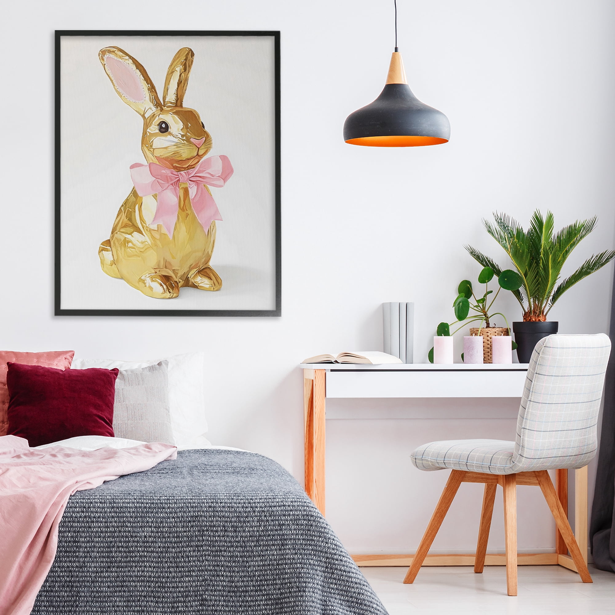 Stupell Industries Golden Easter Bunny with Ribbon Black Framed Giclee Art, design by The Prints Vibe