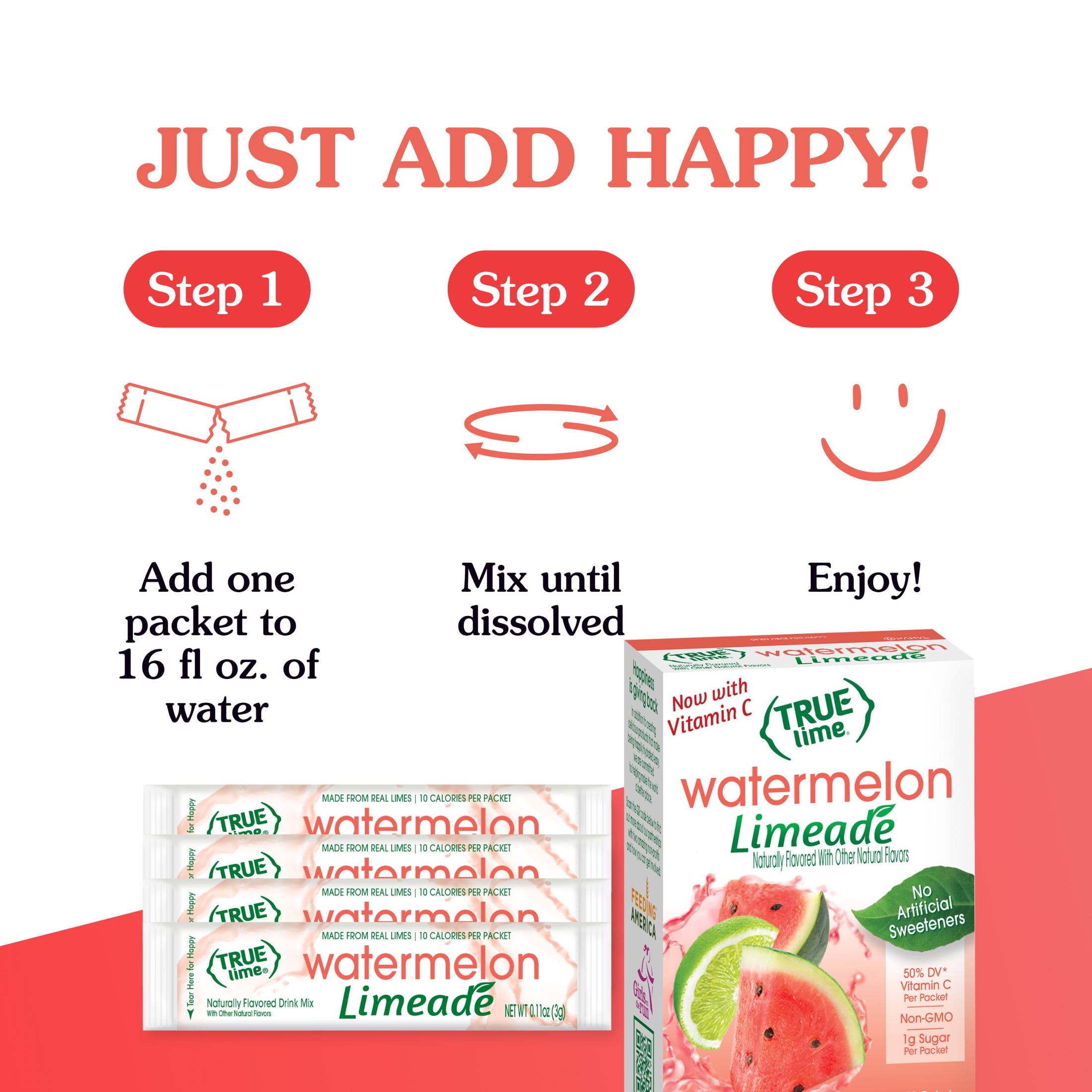 True Lime Watermelon Limeade Drink Mix Powder, No Artificial Sweeteners, 1.06 oz.Packet, 10 Count Box