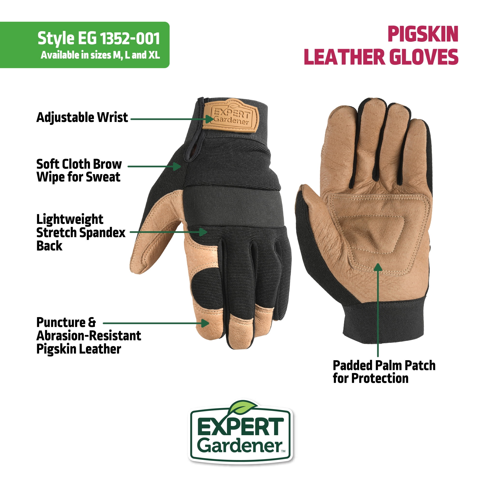 Expert Gardener Mens Pigskin Leather Hybrid Gardening Gloves, Size XL