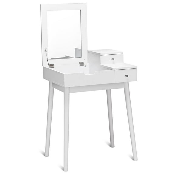 Giantex Vanity Table Set with Flip Top Mirror, Makeup Dressing Table Writing Desk Computer Laptop Desk w/ 2 Drawers & Cushioned Concave Stool, Folding Mirrored Large Storage Organizer, White