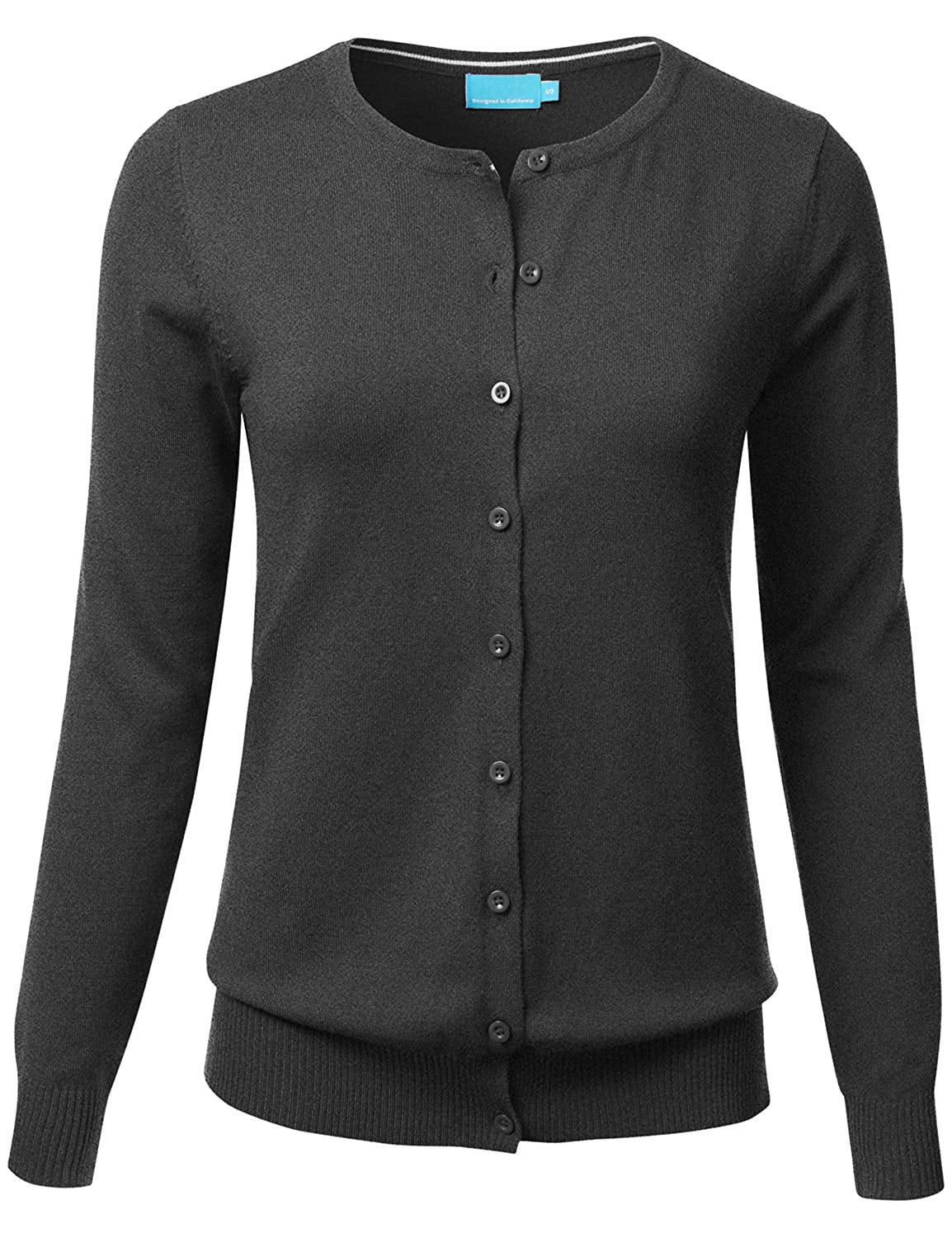 Dark Grey Knit Long Sleeve Crewneck Button-Down Cardigan Sweater main image 1