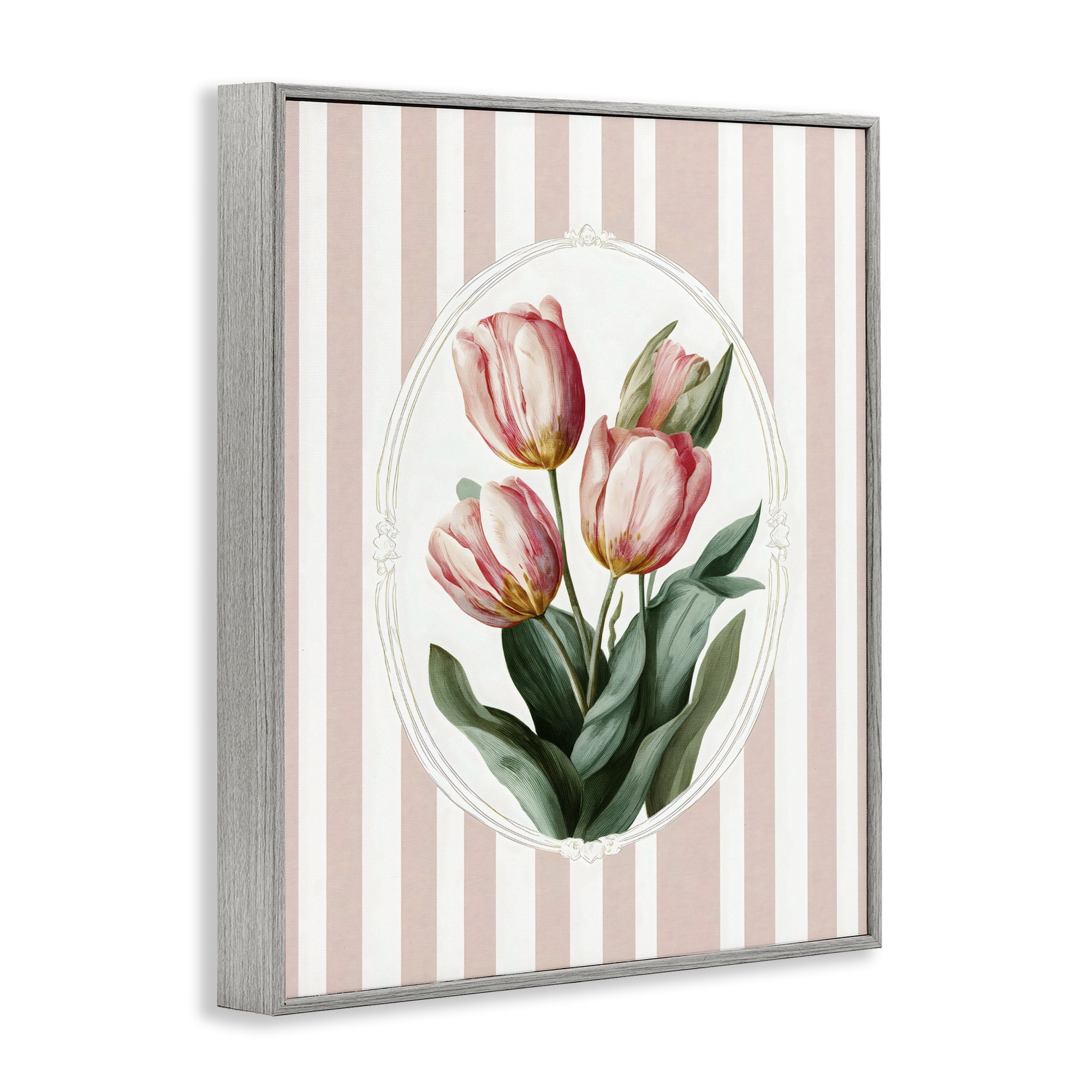 Stupell Industries Vintage Tulips on Stripes Gray Framed Giclee Art, design by Ink Drop Loft