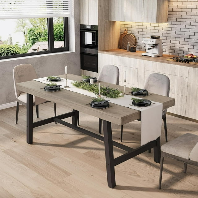 Industrial Dining Table for 4-6 People, 63" Long Wooden Kitchen Table with Sturdy Metal Frame & Grey Finish - Seats 4 Rectangular Counter for Dinner, Kitchen, Dining Room - Grey