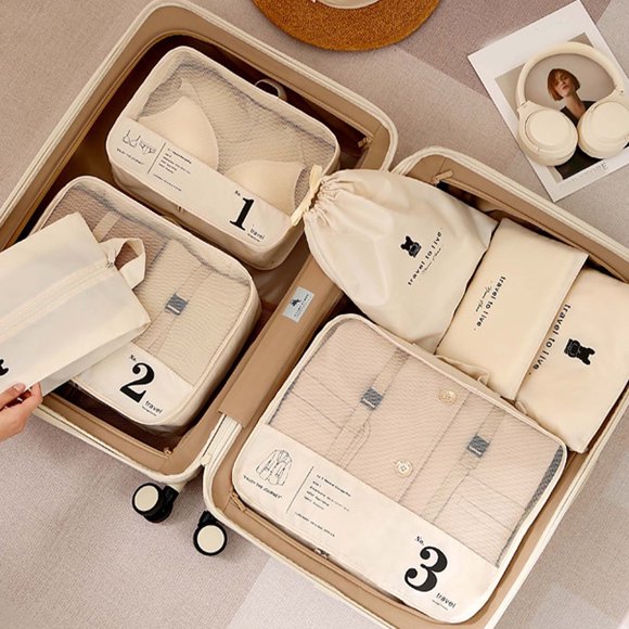 COFEST 7-Piece Travel Luggage Organizer Set with Clothes Mesh Bags, Lingerie Bag, Shoe Bag, and Laundry Bag for Efficient Packing and Easy Trip Khaki