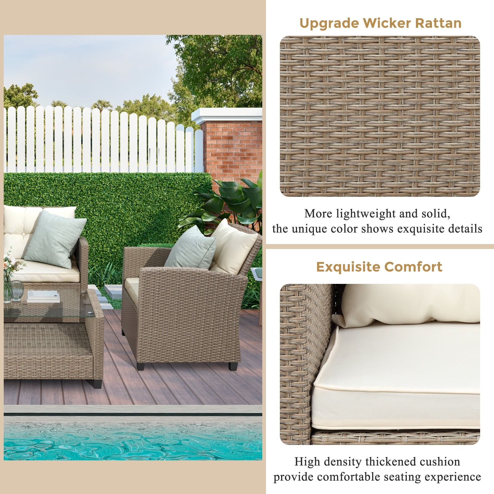 SEGMART 4 Piece Patio Furniture Set, All-Weather Outdoor Sectional Sofa Set, PE Rattan Conversation Set with Table & Cushions, Wicker Furniture Couch Set for Patio Deck Poolside, B895