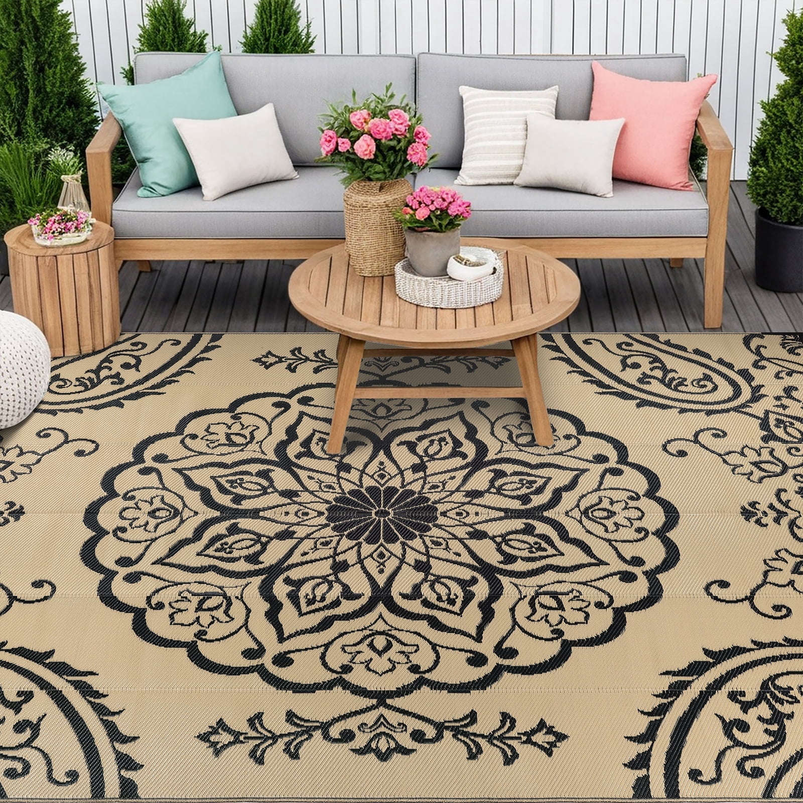 MeyJey Outdoor Rug 6'x9' Reversible Waterproof Area Rug Plastic Mat for RV Patio Camping Black
