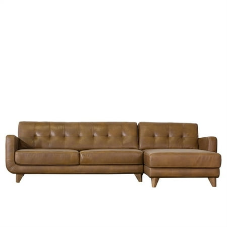 Mid Century Modern Davis Tan Genuine Leather Sectional Sofa Right Tan Genuine Leather Sectional Sofa