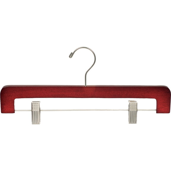 Deluxe Rounded Wooden Pant Hanger with Adjustable Cushion Clips, Bottom Hangers with Cherry Finish and Brushed Chrome Swivel Hook (Box of 100)