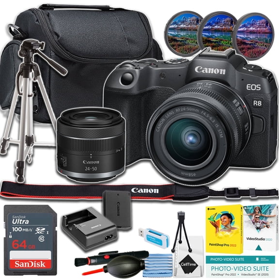 Canon EOS R8 Mirrorless Camera w/RF 24-50mm lens   64GB Memory Card   Tripod   More (Beginner Bundle) (International Version)
