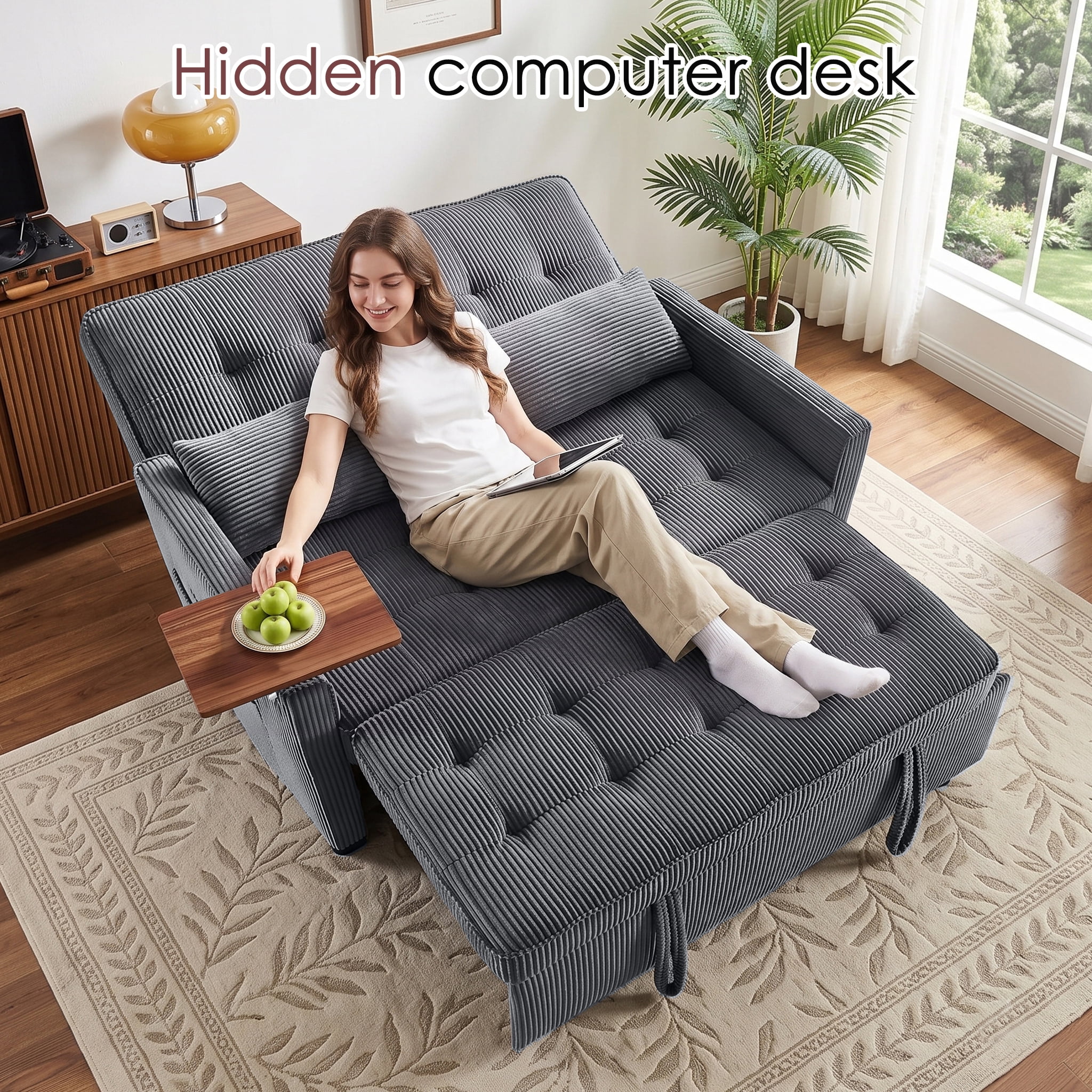 avobird 54'' 3 in 1 Pull Out Sofa Bed, Convertible Couch with Adjustable Backrest/Side Pockets/USB Charging Ports, Sleeper Sofa with small table for Living Room, Dark Gray
