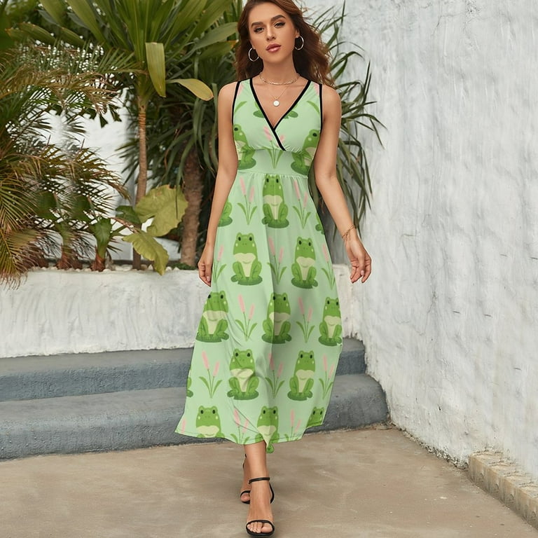 Frog Seamless Pattern Womens Night Club Maxi Dress V Neck Sleeveless  Bohemia Long Dresses - Walmart.com