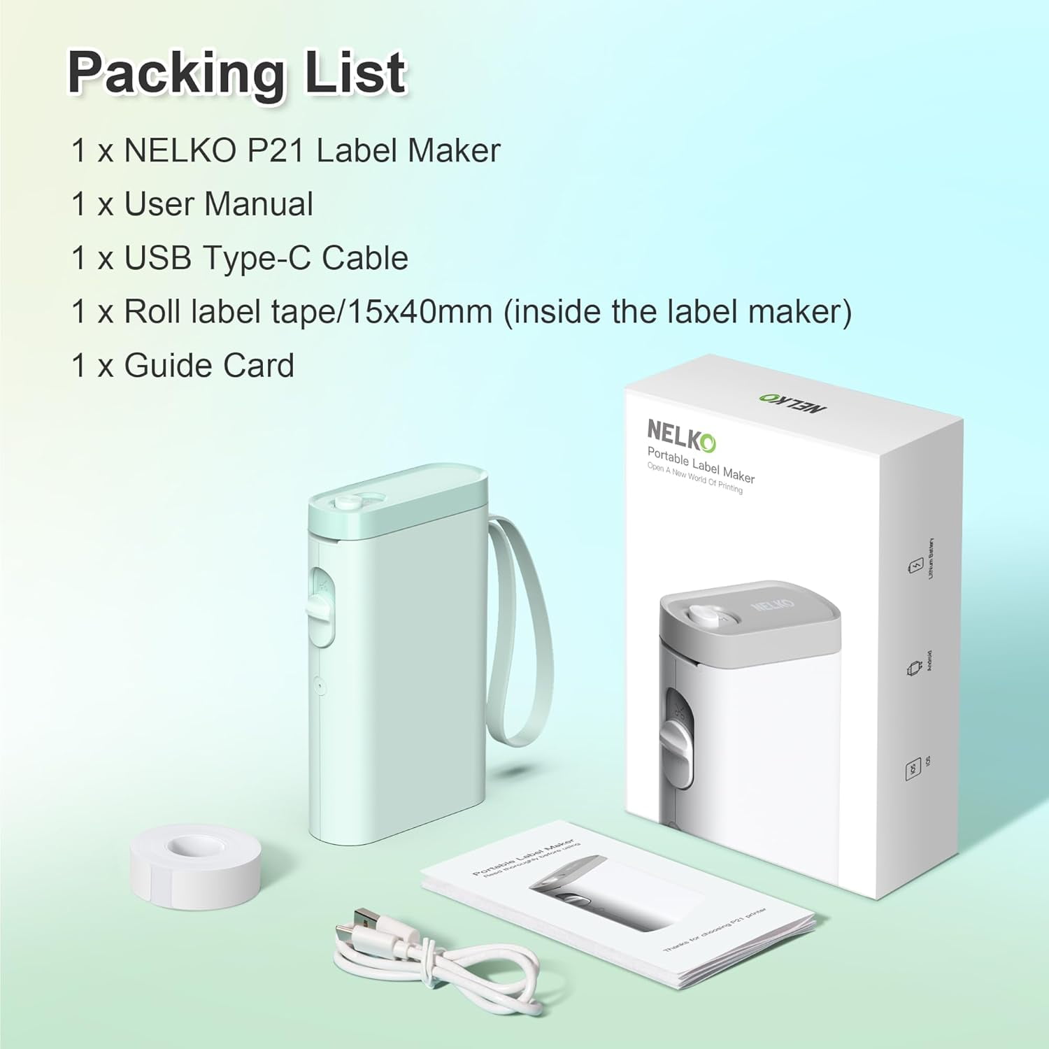 Label Maker Machine with Tape, P21 Bluetooth Label Printer, compact printer with multiple templates for easy office and home organization, Green