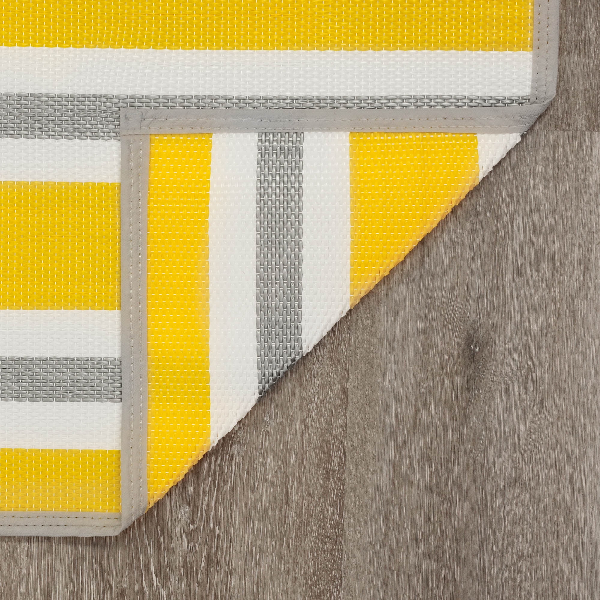 Luna Contemporary Stripe Yellow and Gray Polypropylene Reversible Plastic Straw Outdoor Area Rug, 4' x 5'11'' Rectangle