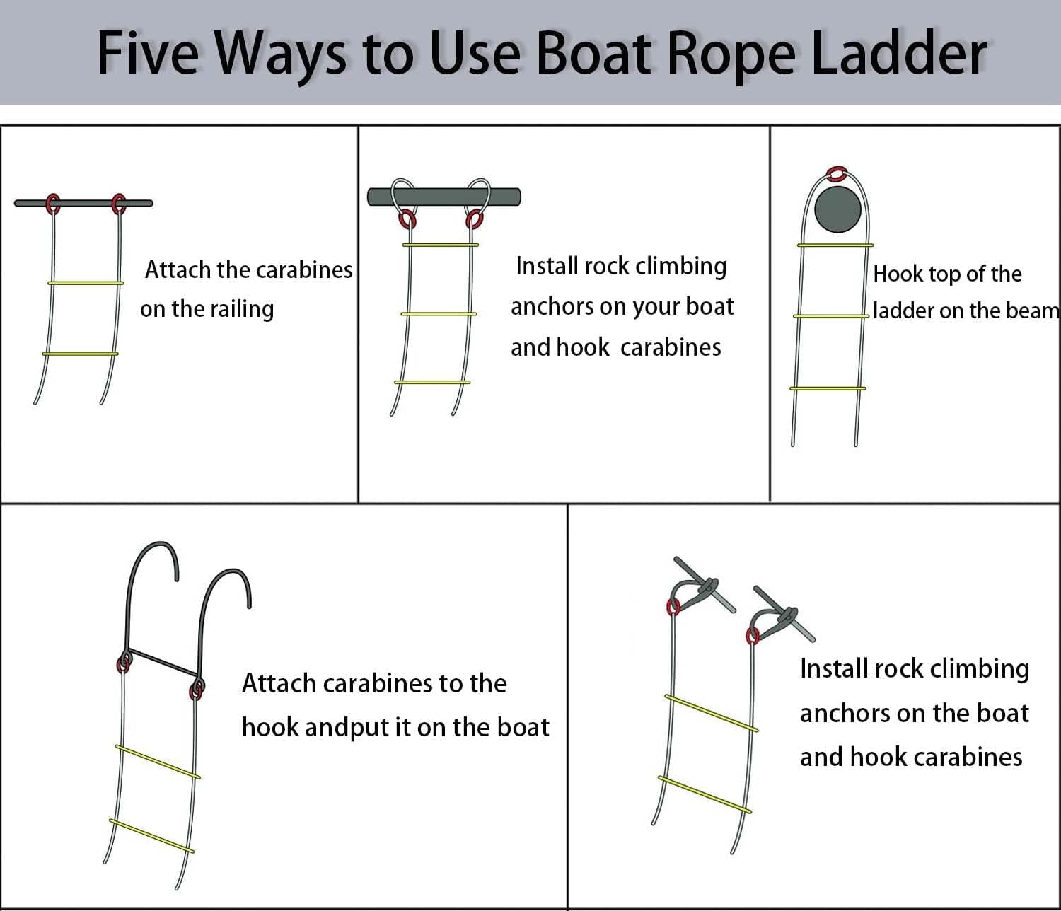Boat Rope Ladder, 5 Step Heavy Duty 400Lbs Strength Rope Ladder for Inflatable Boat, Fishing Boat, Kayak, Motorboat, Canoeing,
