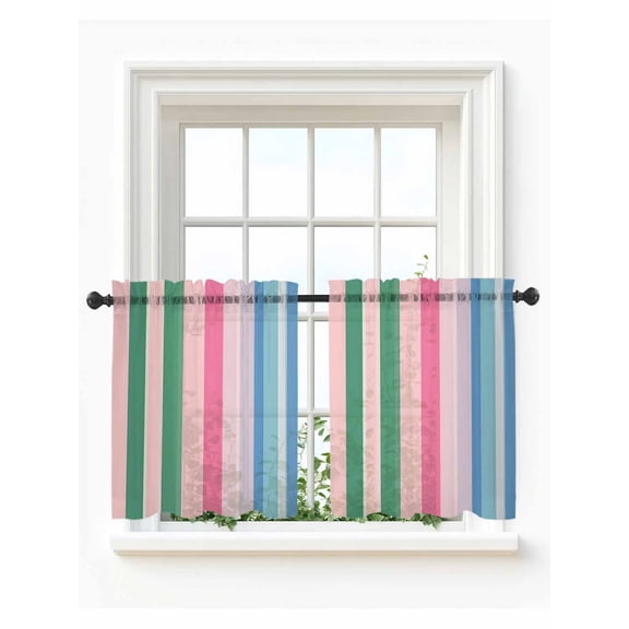 Pink Green Blue Stripe Tier Curtains 36 Inch Length,Sheer Curtains for Bedroom Living Room Window Farmhouse Stripes Contemporary Small Half Window Kitchen Curtains & Drapes 27.5"x36" 2 Panels
