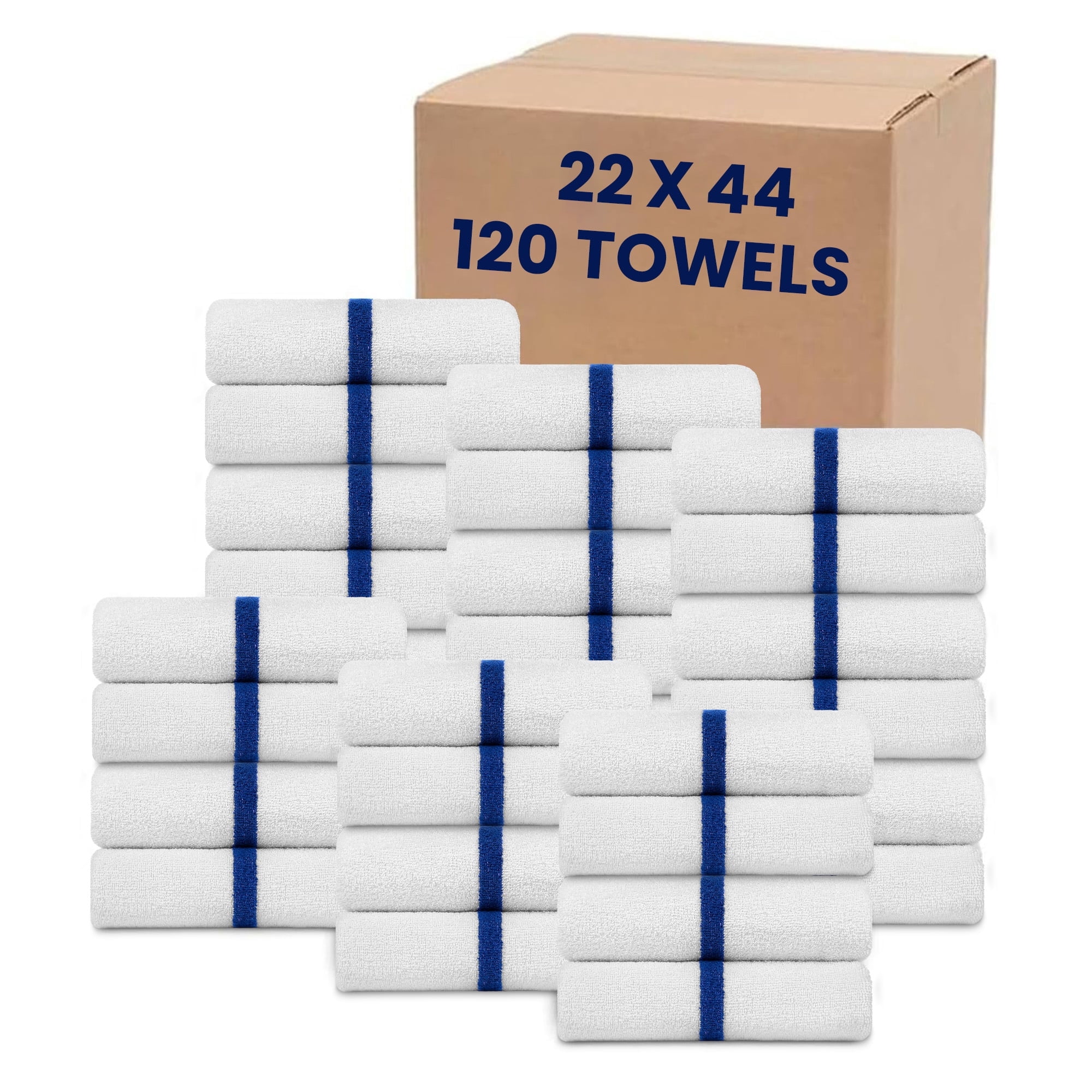 Belem Blue Center Stripe Economy Bulk Towels 22x44 Inches - Pack of 120 Towels - Quick-Drying & Absorbent for Hotels, Gym, Salon & Resorts - Durable & Fade Resistant - Wholesale Pack