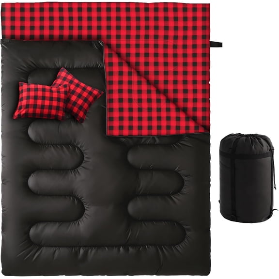 Double Sleeping Bag Queen Size XL for Two Adults 3-Season Waterproof Camping Backpacking Hiking Black Red