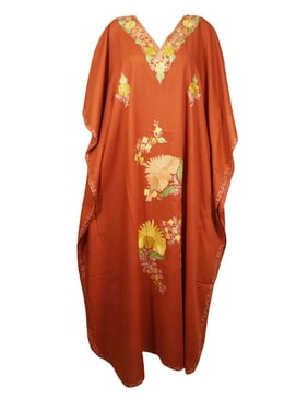 Mogul Women Fire Orange Kaftan Maxi Dress Boho Loose Floral Embroidery Kimono Sleeves Resort Wear Cover Up Housedress 4XL