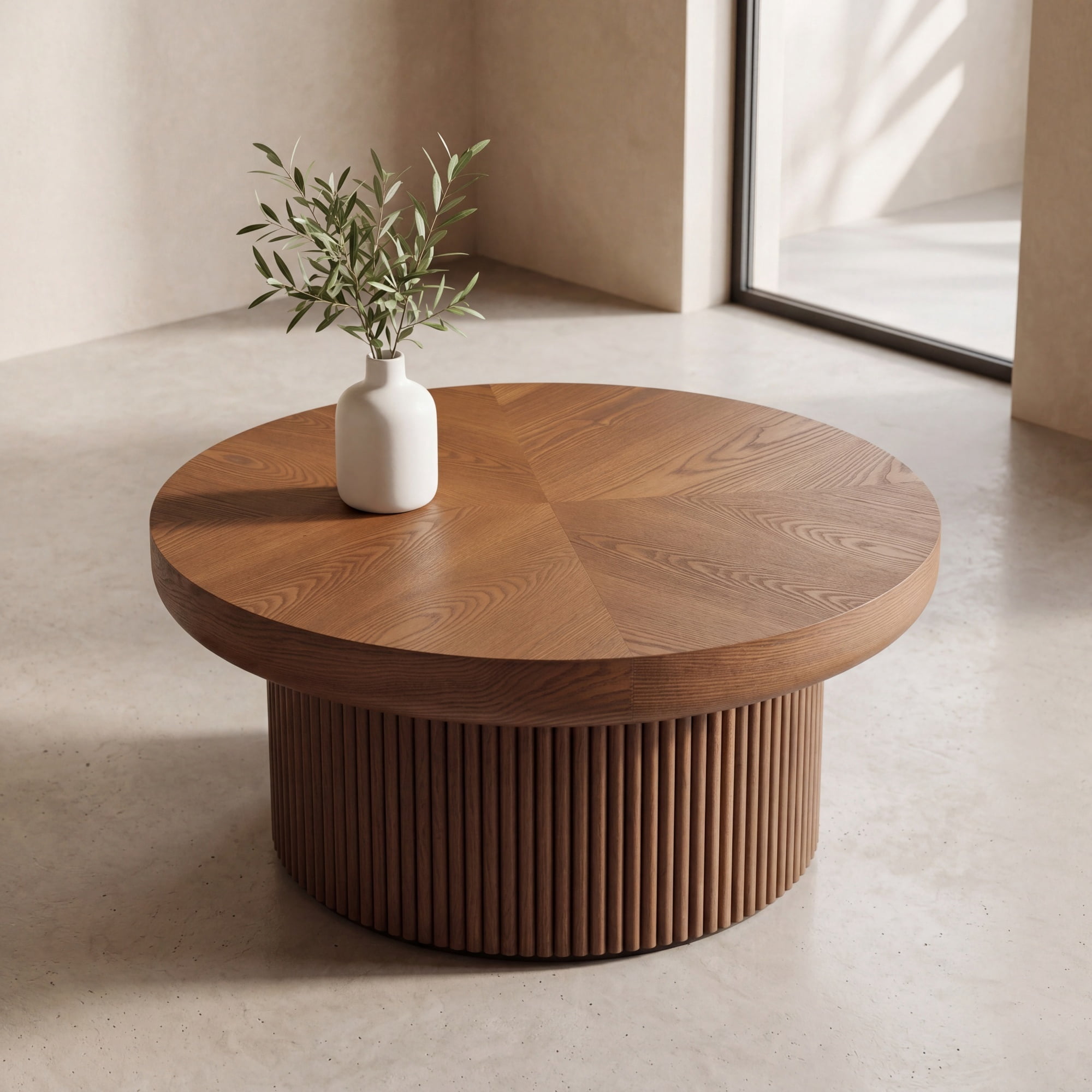 33.46'' Round Coffee Table with Fluted Cylindrical Base, Ash Wood End Table with Thickened Tabletop, Modern Cocktail Table