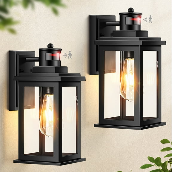 VIANIS Motion Sensor Outdoor Light, 2 Packs Exterior Lights for House, Black Waterproof Dusk to Dawn Outside Porch Lights Lantern for Garage Patio Doorway, Anti-Rust,Brightness Distance Adjustable