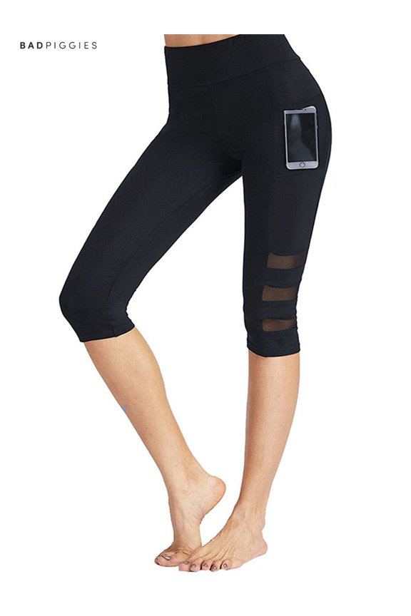 BadPiggies Womens High Waist Yoga Pants with Side Pockets Tummy Control Workout Mesh Stretchy Capri Leggings (Size S)
