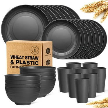 Retro 32-piece Kitchen Plastic Wheat Straw Dinnerware Set, Service For 