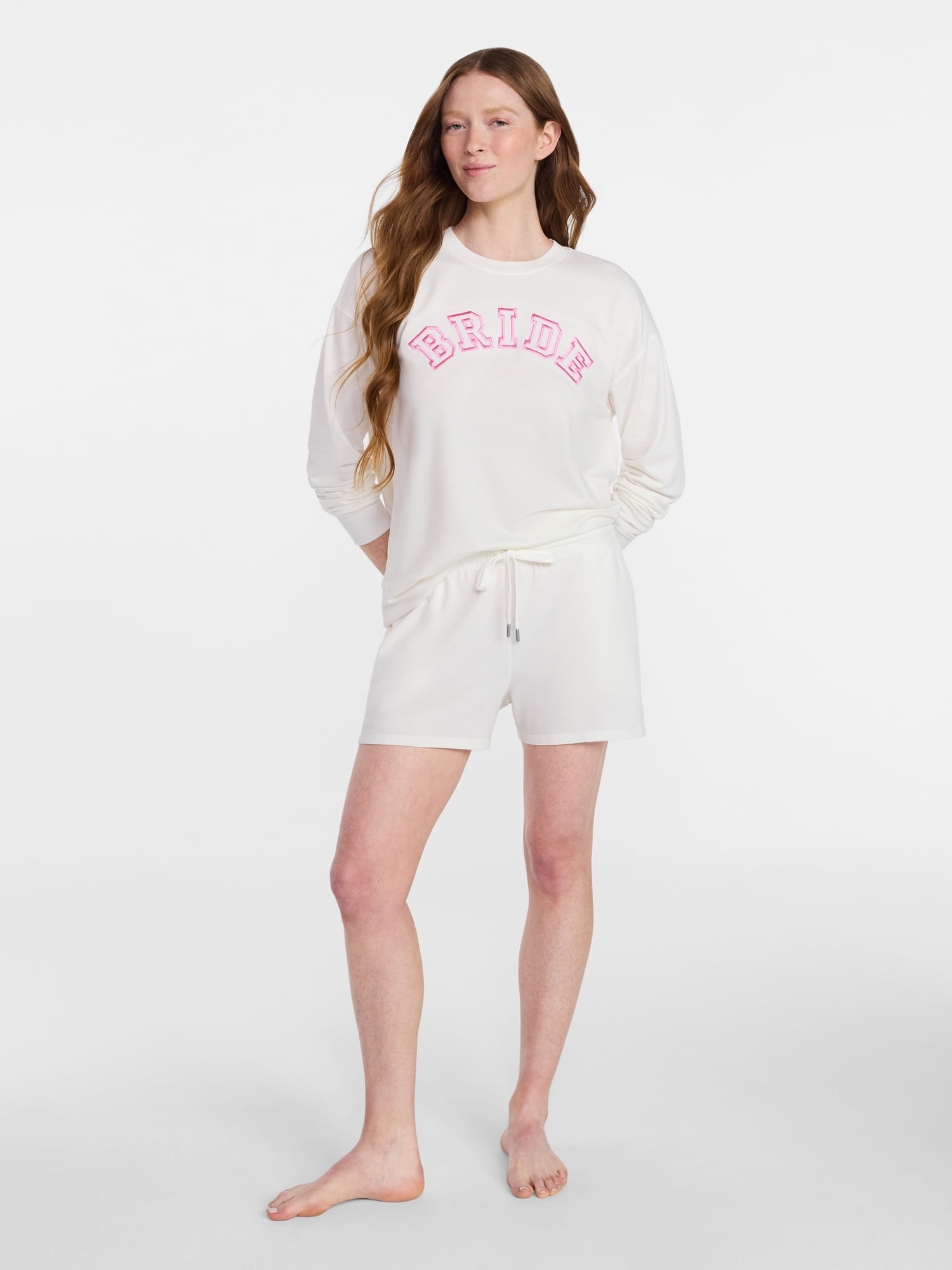 Joyspun Women's Bridal French Terry Knit Long Sleeve Top and Shorts Pajamas Set, Sizes XS-3X