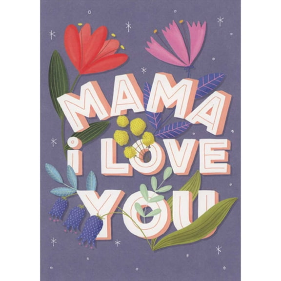 RSVP Mama I Love You: Embossed Letters, Flowers and Leaves on Purple Mother's Day Card