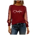 thumbnail image 4 of CheerKidz Women Sheer Mesh Sleeve Top With Paw Print Heartbeat Graphic Casual Comfortable Long Sleeve Round Neck Blouse Fashion Daily Wear T Shirt for Ladies(Red,L), 4 of 7