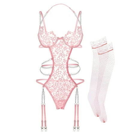 Brahaos Women Lingerie Set Floral Lace Teddy Strap Chain Babydoll Bodysuit Bra and Panty Set with Garter Belts (Pink  Large)