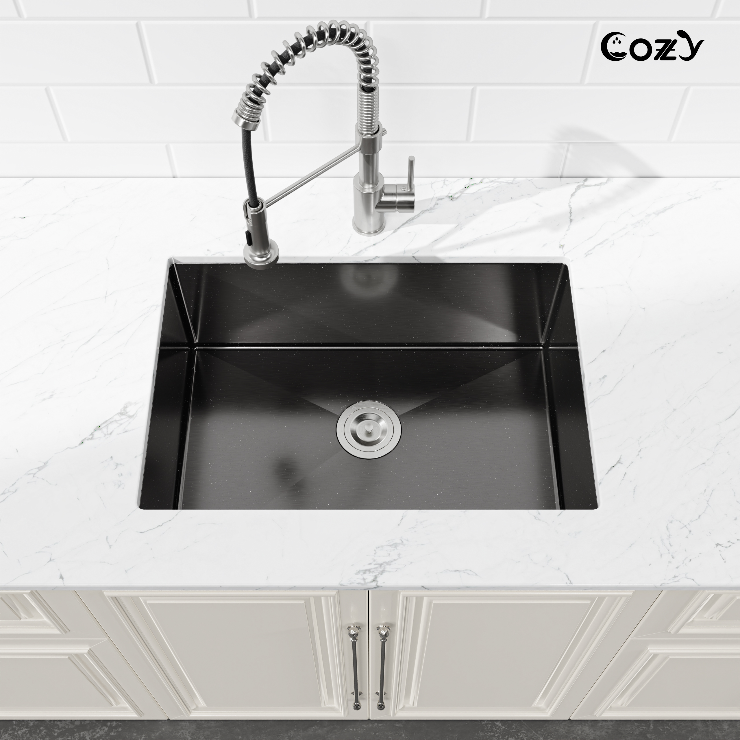 27x19 inch Black Stainless Steel Single Bowl Undermount Kitchen Sink with US Standard Drain and Hook, Model SS-BL04D-271908