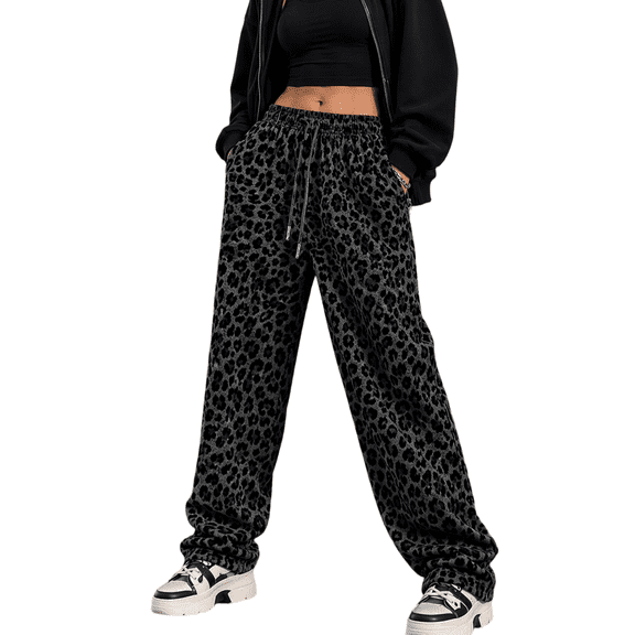 Mengpipi Women’s Leopard Print Wide Leg Pants High Waist Drawstring Palazzo Trousers with Slant Pockets S-2XL