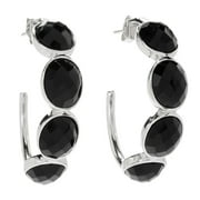 Sterling Silver 1.5' Checkerboard Cut Black Onyx 4-Stone Hoop Earrings