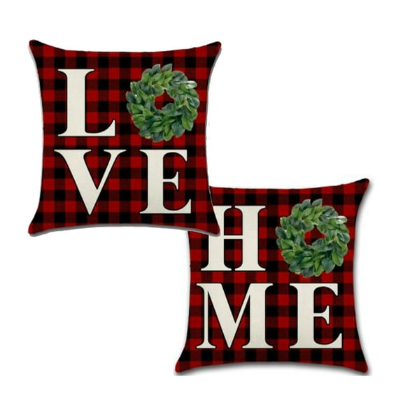 Black and Red Plaid Christmas Wreath, Cotton Linen Fabric Decorative Indoor Outdoor  Throw Pillow Cover Set 18x18