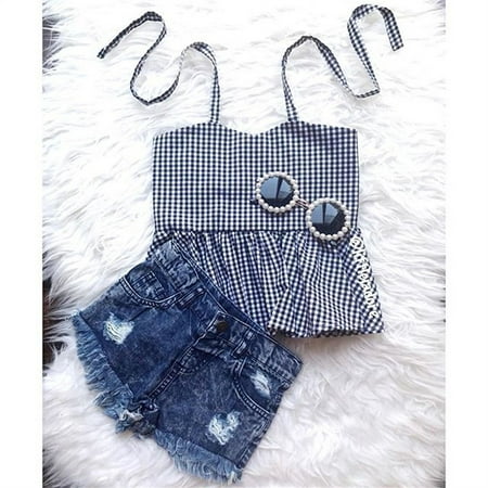 Toddler Baby Girl Summer Outfit Checked off Shoulder Top+Denim Jeans Shorts