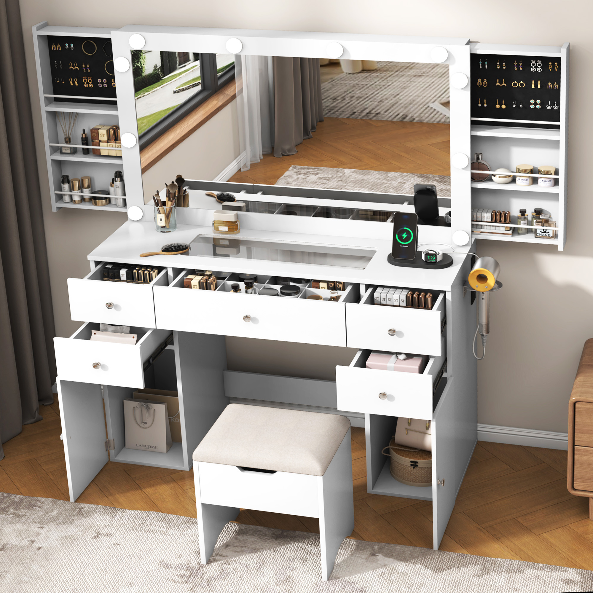 White Vanity Desk with Large Lighted Mirror & Power Outlet, Makeup Vanity Table with Glass Top & Drawers, Sliding Storage, Vanity Set with Storage Stool