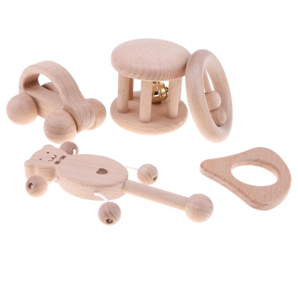 5 Piece Wooden Baby Rattle Teether Montessori Sensory Developmental Crib Toy 