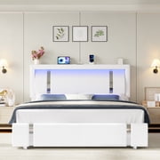 Homfa Queen Bed Frame with LED Headboard & Charge Station & 2 Storage Drawers, PU Leather Upholstery Adjustable Platform Bed Frame, White