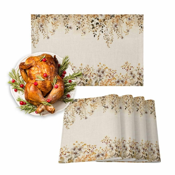 Fall Placemats Set of 4 Watercolor Wildflower Place Mats Thanksgiving Placemat Berry Maple Leaf Linen Table Mats for Dining Kitchen Table Holiday Dinner Party Home Fall Decorations 13x19 Inch