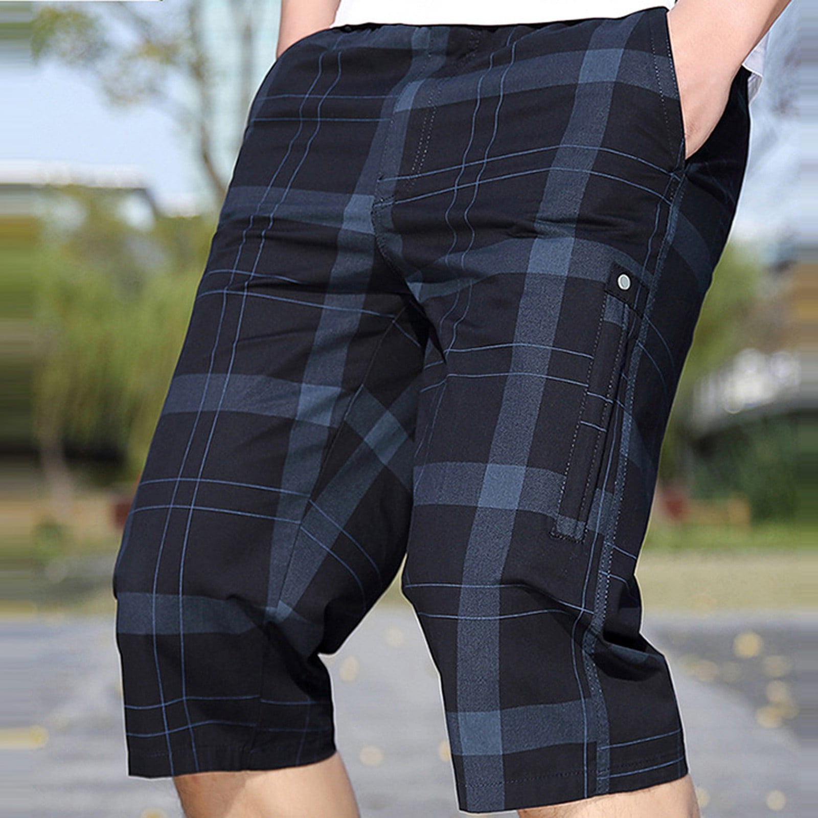 Mens Plaid Shorts Summer Casual Fitness Bodybuilding Printed Pocket