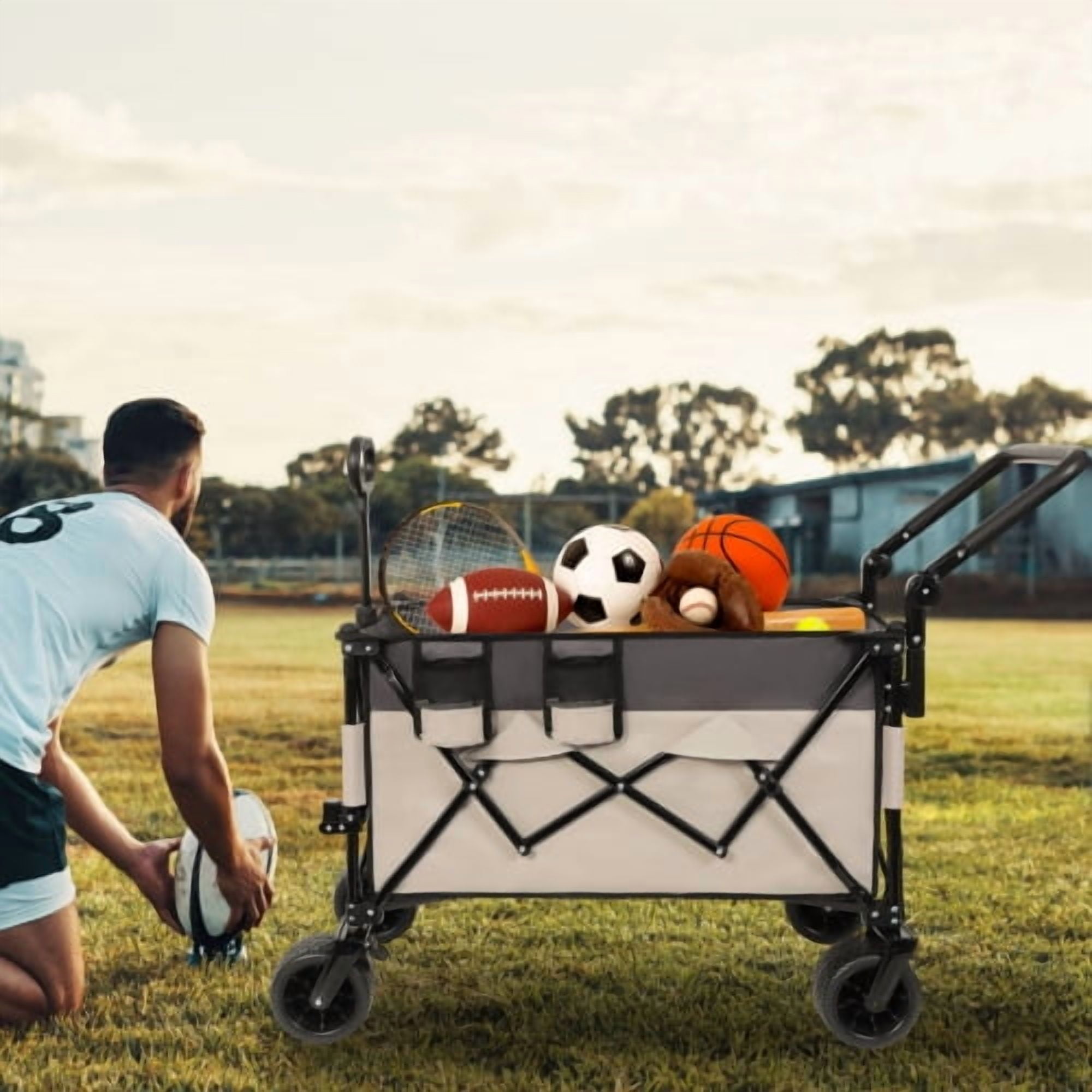 Multi-Functional Push-Pull Folding Wagon Cart with Rotating Handle & 360° All-Terrain Wheels – Heavy-Duty, Adjustable Design, Large Capacity for Transport, Groceries, and Outdoor Use, Khaki- Gray