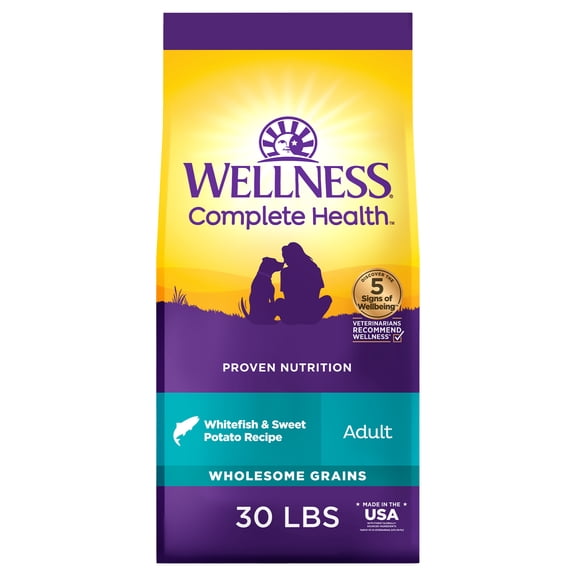 Wellness Complete Health Dry Dog Food, Wholesome Grains, Natural, Whitefish & Sweet Potato Recipe, (30-Pound Bag)