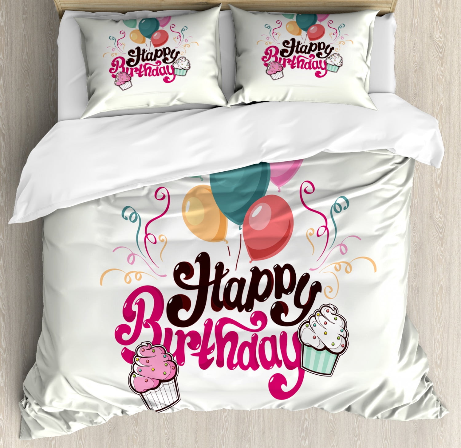 Cupcake Duvet Cover Set Queen Size Happy Birthday Typography With